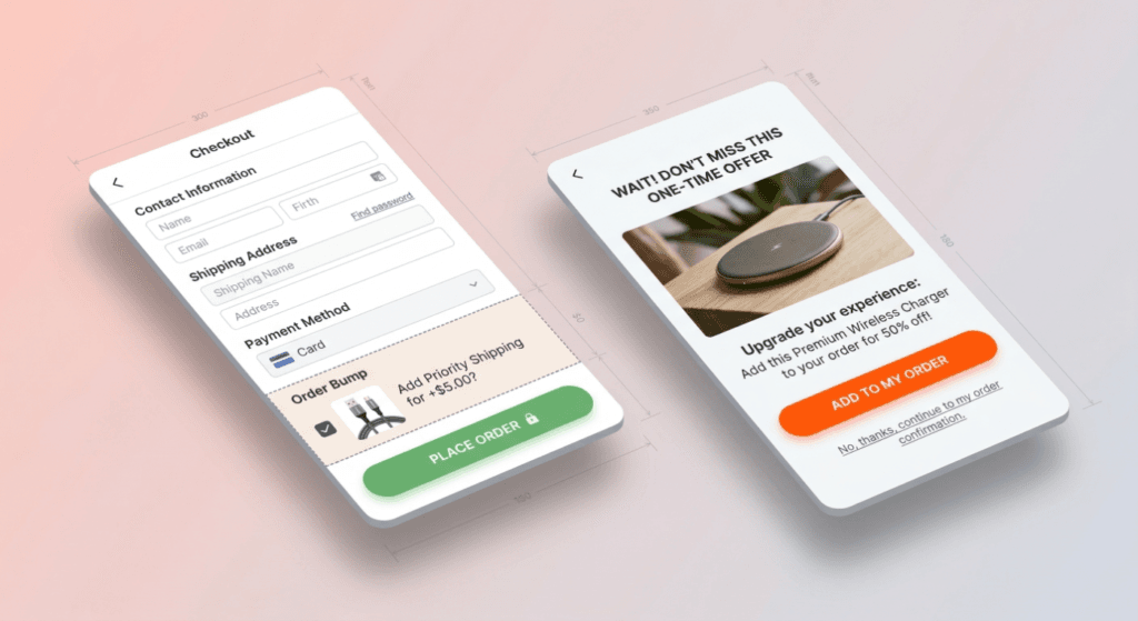Comparison of pre-payment order bumps and post-payment one-click upsells in WooCommerce.