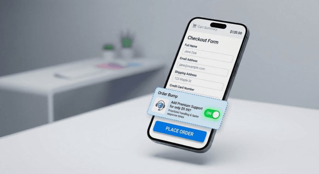 Mobile-optimized WooCommerce checkout page featuring a simple order bump toggle.